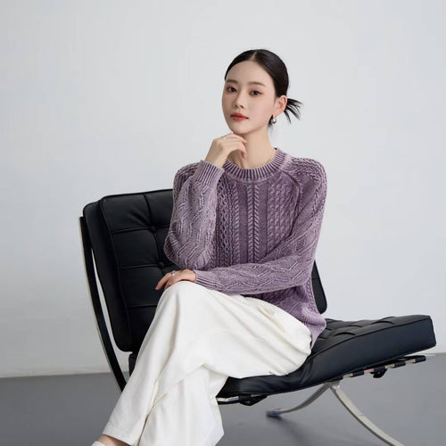 Damen modischer Pullover mit strukturiertem Zopf-Design und Rundhalsausschnitt Drune