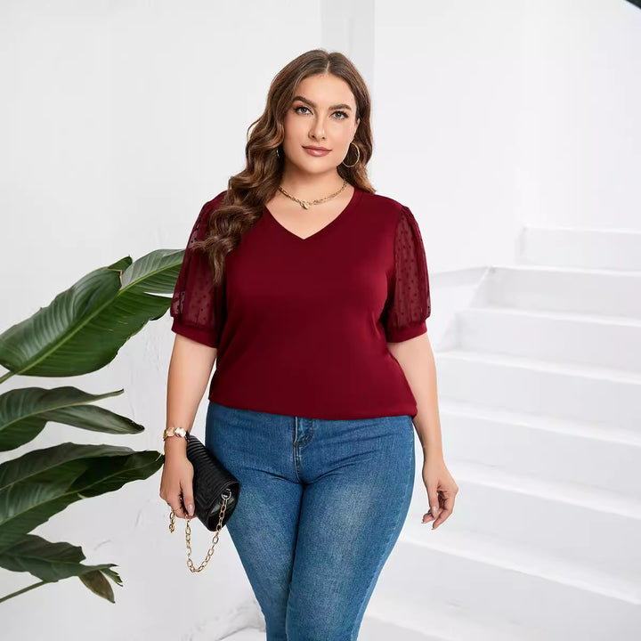 Damen elegantes Blusenshirt mit transparenten Puffärmeln und V-Ausschnitt Drune