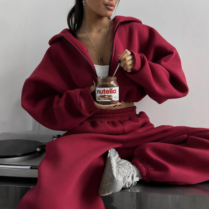 Damen Crinkle-Look Kapuzenjacke und Sweathose Set Drune