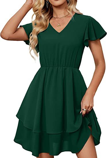 Damen Freizeitkleid mit fließendem Rock und Rüschenärmeln Drune