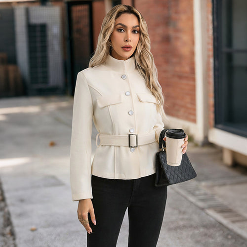 Damen elegante Blazerjacke mit Gürtel und aufgesetzten Taschen Drune