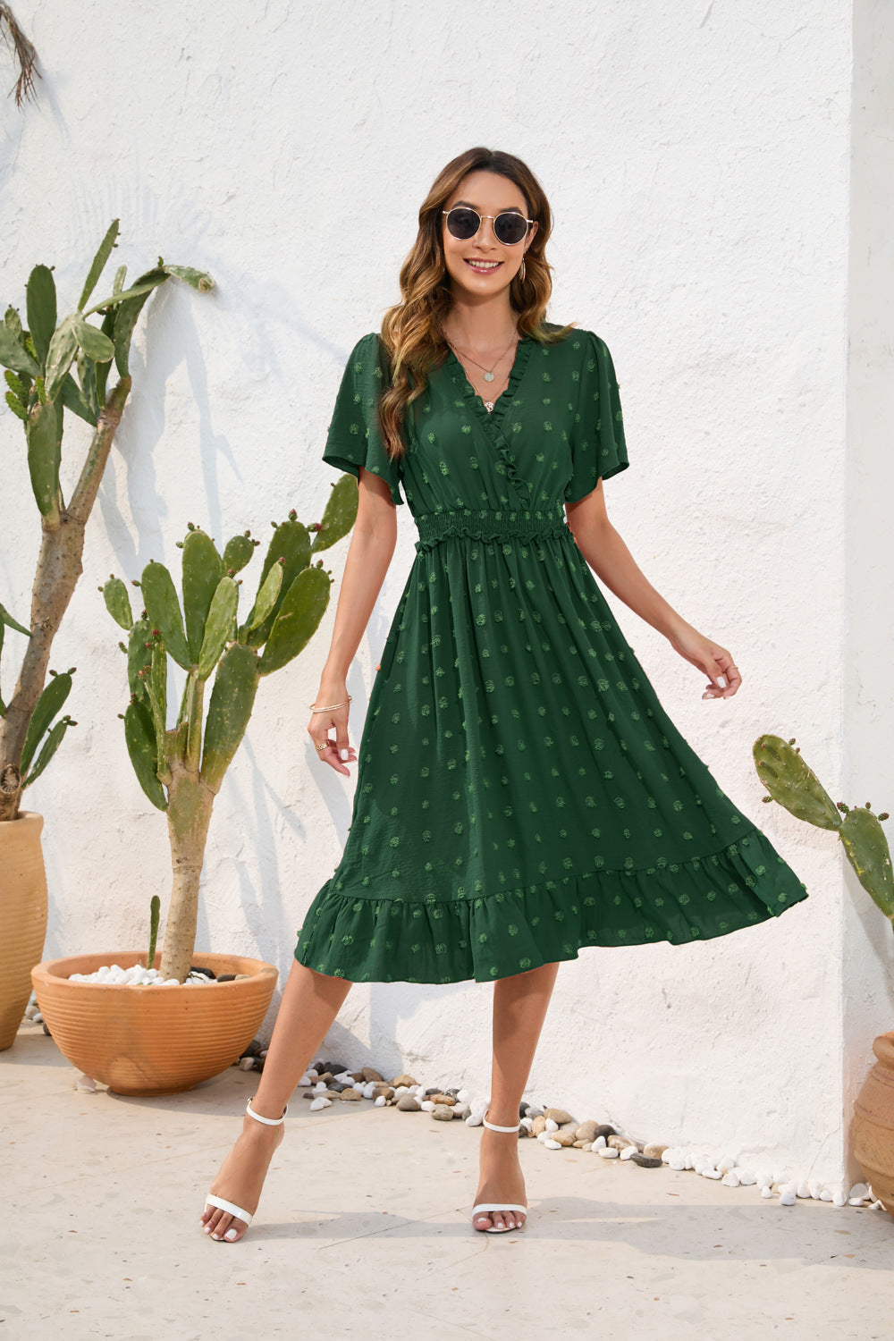 Damen Midikleid mit raffiniertem V-Ausschnitt, elastischem Taillenzug und fließendem Rock Drune