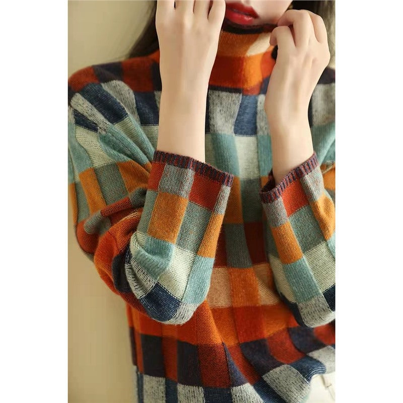 Damen Strickpullover mit modernem Karomuster und hohem Kragen Drune