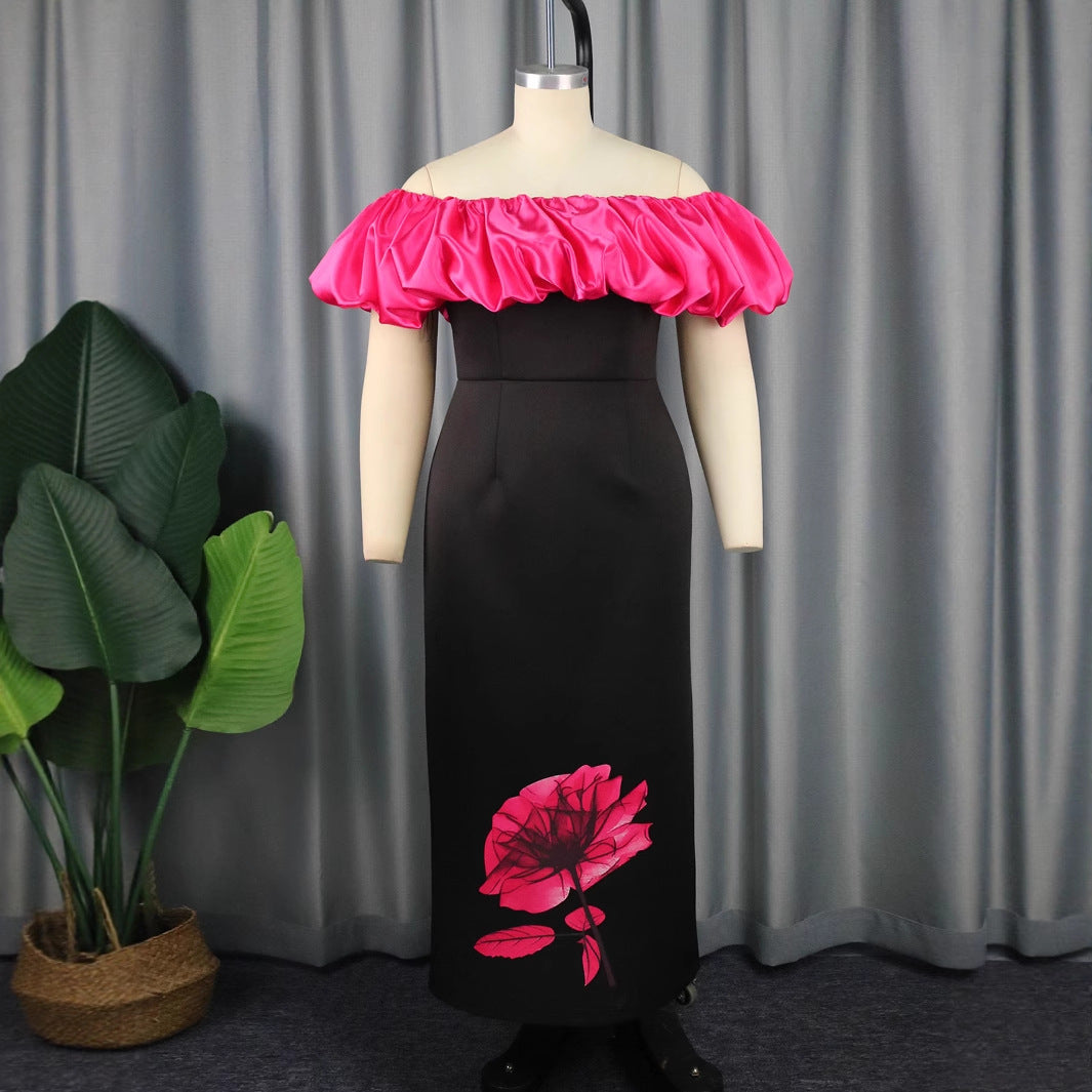 Damen elegantes Maxikleid mit voluminösem Rüschenkragen und floralem Print Drune