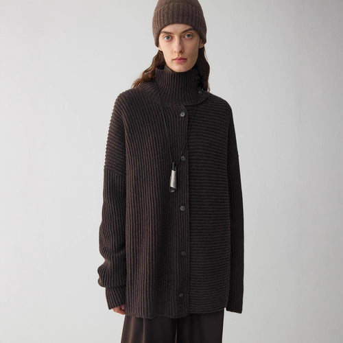 Damen Relaxed Strickjacke mit hohem Kragen und Knopfdetails Drune