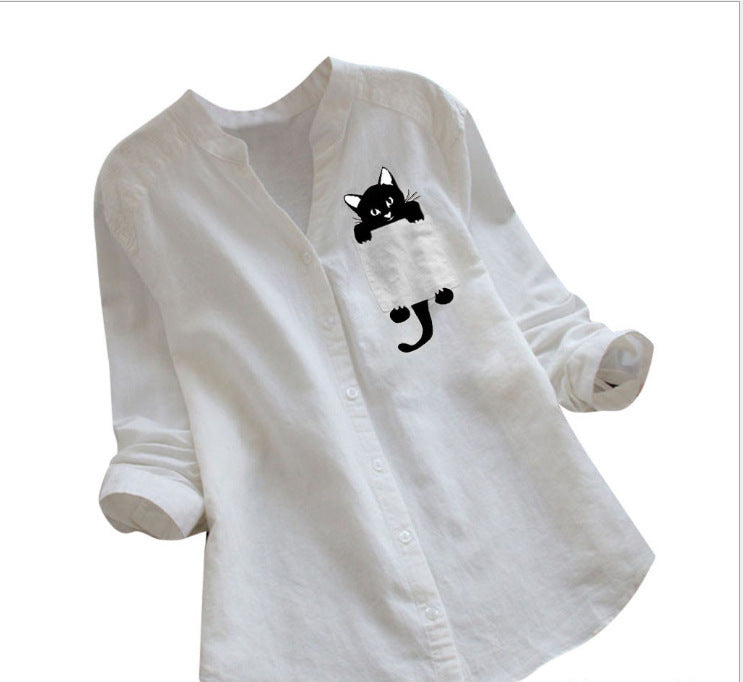 Damen trendige Bluse mit lustigem Katzenmotiv Drune