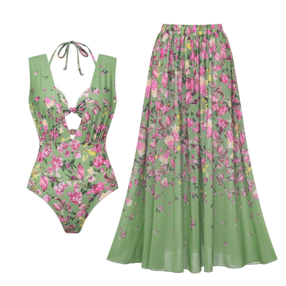 Damen Bikiniset mit floralem Schnitt und elegantem Maxirock Drune