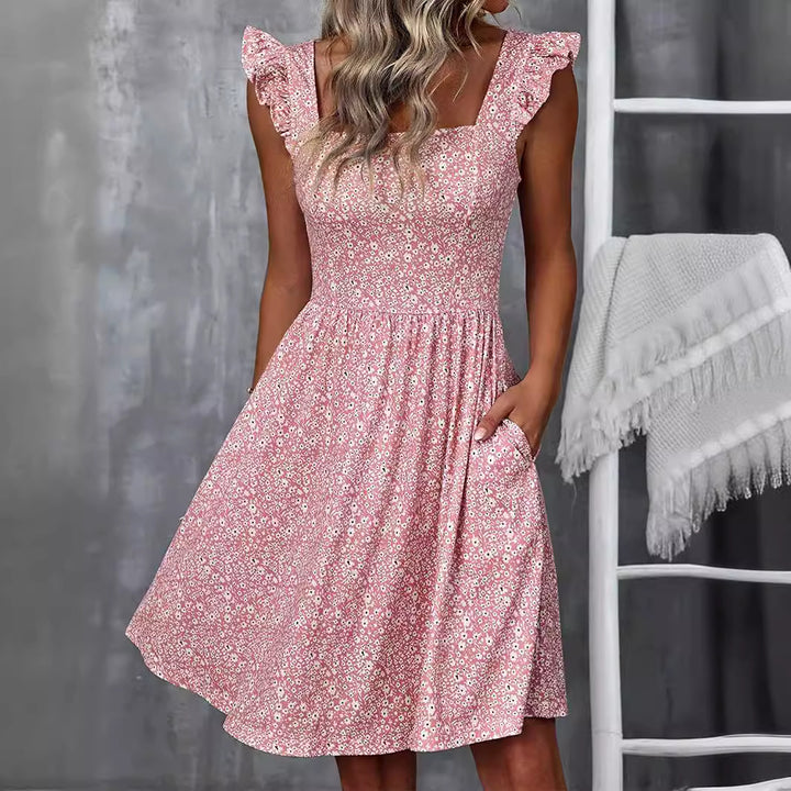 Damen Sommerkleid mit Rüschenärmeln und Schlitz Drune