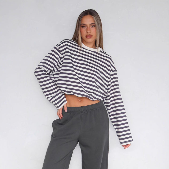 Damen lässiges gestreiftes Crop-Top mit Kordelzug Drune