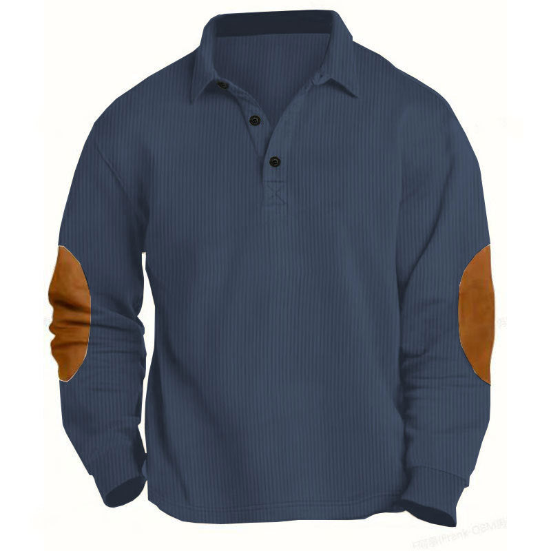 Herren nan legeres Langarm-Poloshirt mit Hemdkragen, kurzer Knopfleiste, feiner Struktur und Velours-Ellenbogenbesatz Drune