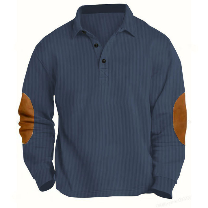 Herren nan legeres Langarm-Poloshirt mit Hemdkragen, kurzer Knopfleiste, feiner Struktur und Velours-Ellenbogenbesatz Drune