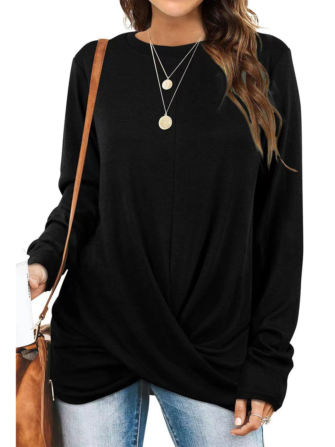 Damen lässiges Longsleeve Oberteil mit Wickeloptik und Rundhalsausschnitt Drune
