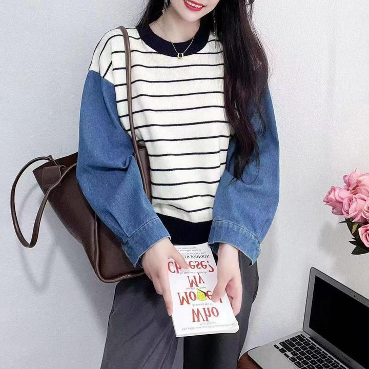 Damen modischer Sweater mit Denim-Ärmeln Drune