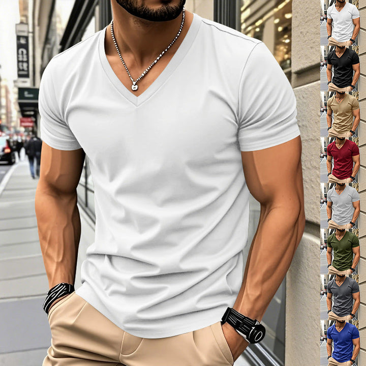 Herren nan klassisches V-Ausschnitt T-Shirt aus feinem Baumwolljersey mit verstärktem Nackenband und Doppelnaht Drune