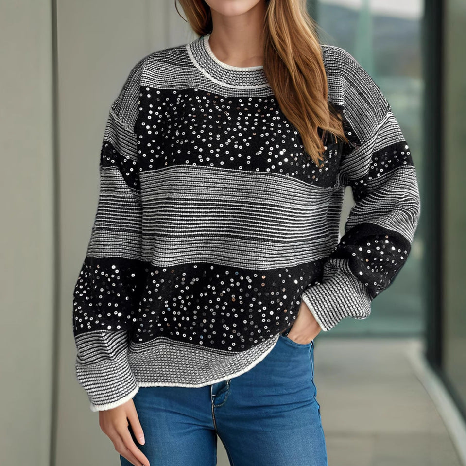 Damen modischer Sweatshirt mit glitzernden Pailletten-Applikationen Drune