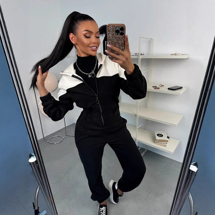 Damen lässiger Fleece-Overall mit elegantem Reißverschluss und Kapuze Drune