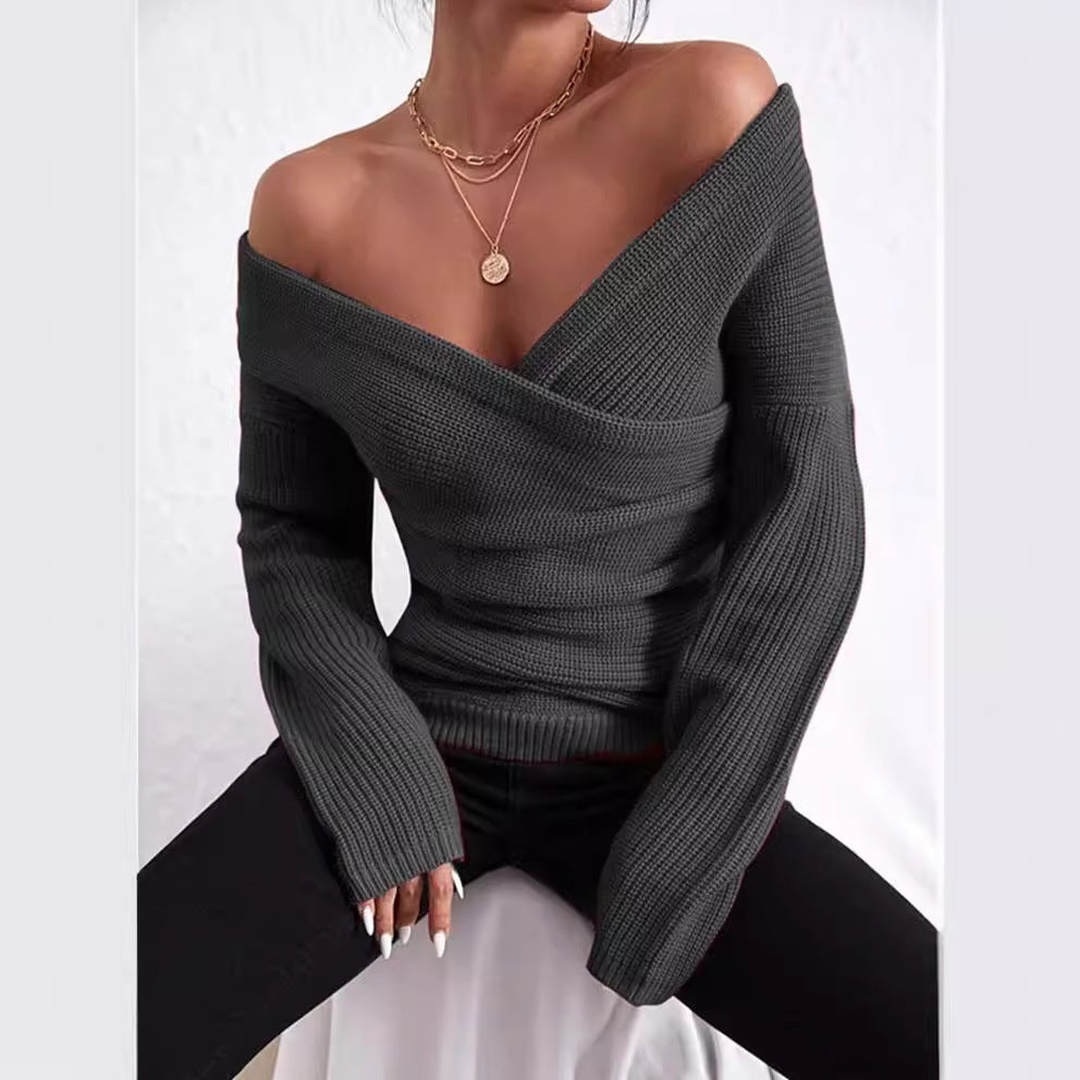 Damen lässiger Wickelpullover mit tiefem V-Ausschnitt und Lockere Passform Drune