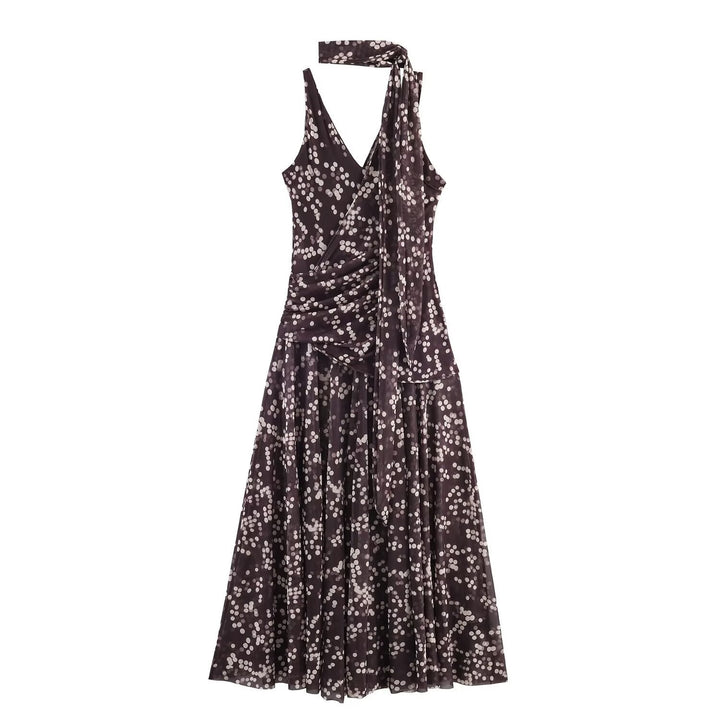 Damen Maxikleid mit floralem Rüschenversatz und elegantem V-Ausschnitt Drune