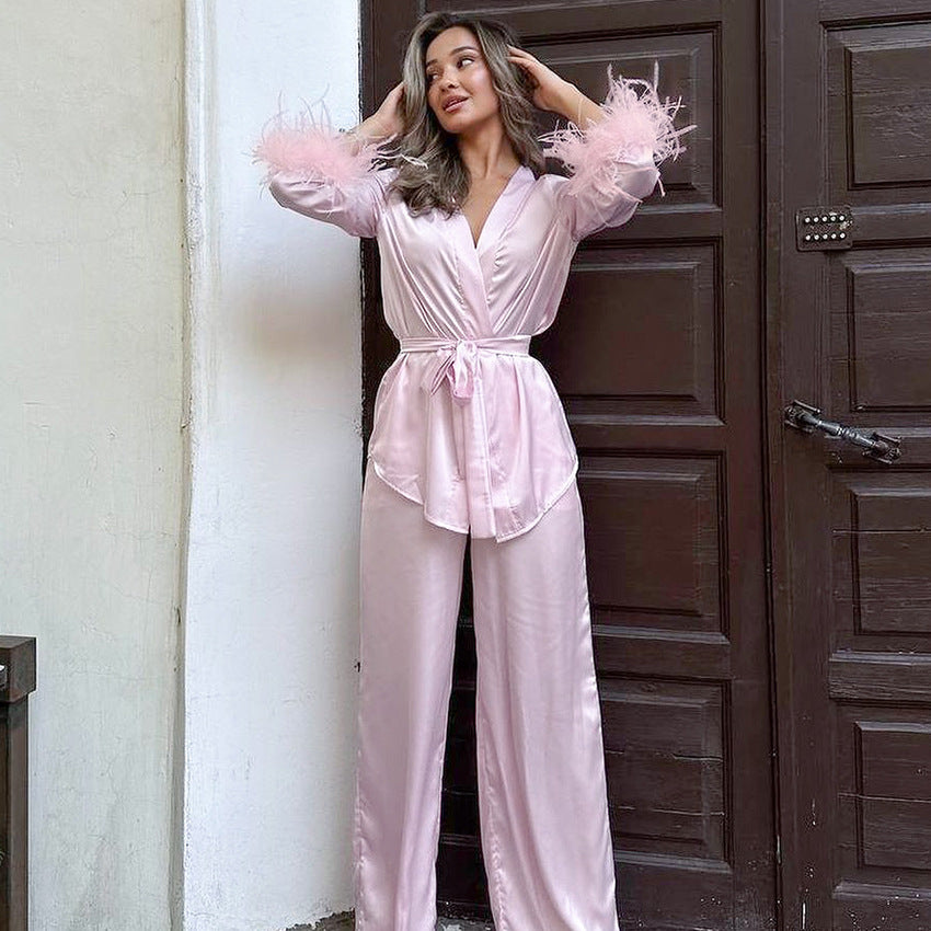 Damen elegantes Satin-Pyjama-Set mit modischen Federdetails Drune