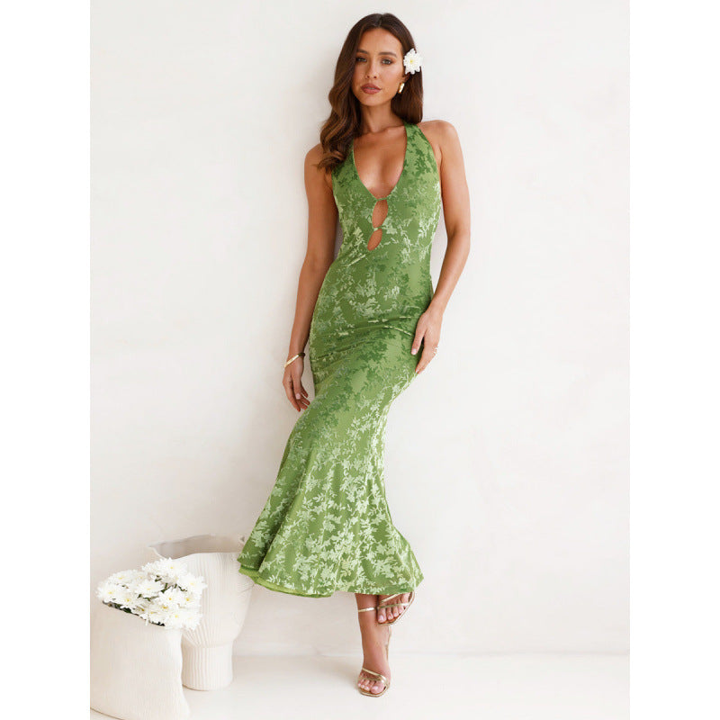 Damen elegantes Maxikleid mit tiefem V-Ausschnitt und transparentem Design Drune