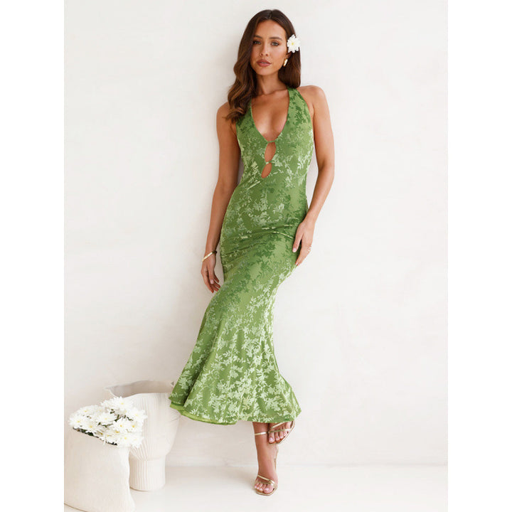 Damen elegantes Maxikleid mit tiefem V-Ausschnitt und transparentem Design Drune