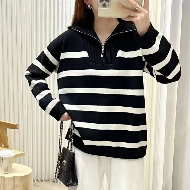 Damen lässiger Strickpullover mit hohem Kragen und Reißverschluss Drune