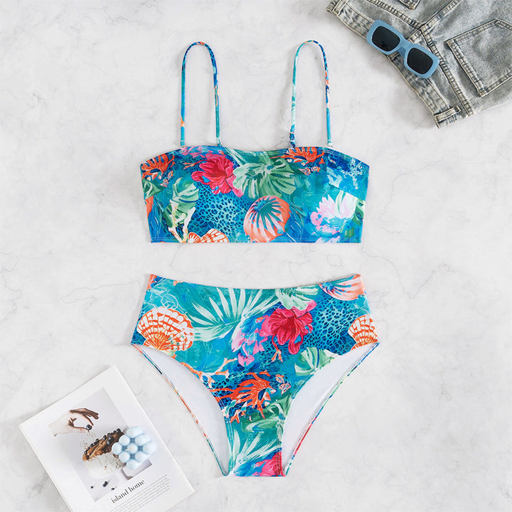 Damen Hochtailliertes Bikini-Set mit floralem Druck Drune