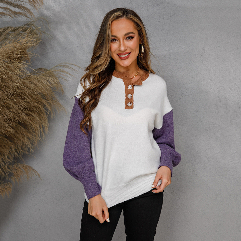 Damen lässiger Pullover mit Knopfleiste und kontrastierenden Ärmeln Drune