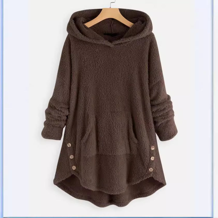 Damen nan kuscheliger Teddy-Kapuzenpullover mit Kängurutasche, Knopfleiste an den Seiten und abgerundetem Saum Drune