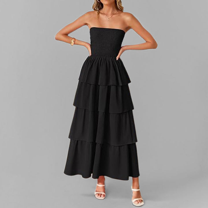 Damen Maxikleid mit schulterfreiem Design und voluminösen Rüschenschichten Drune