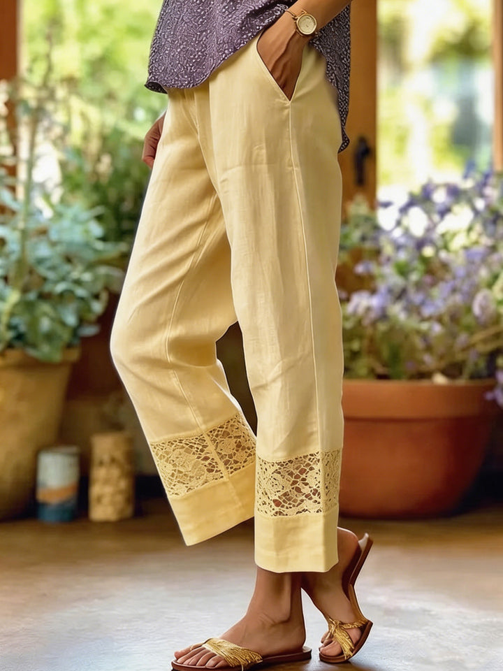 Damen Elegante Leinenhose mit Spitzenakzenten Drune