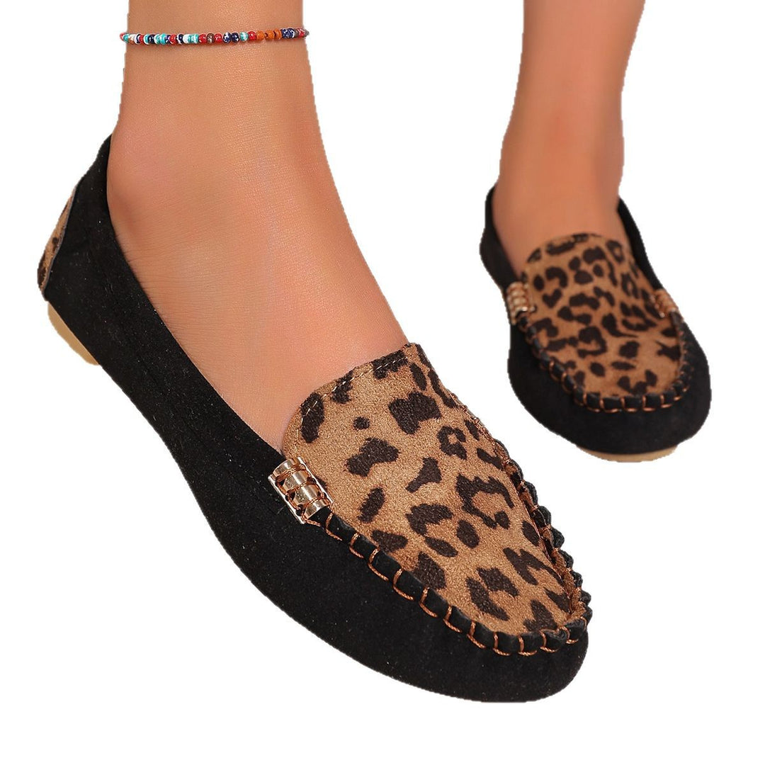 Damen nan Mokassin-Loafer mit Leopardenmuster, dekorativer Ziernaht und flexibler Noppenlaufsohle Drune