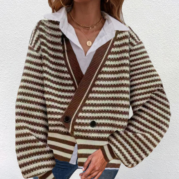 Damen Grobstrick Cardigan mit V-Ausschnitt und modernen Streifen Drune
