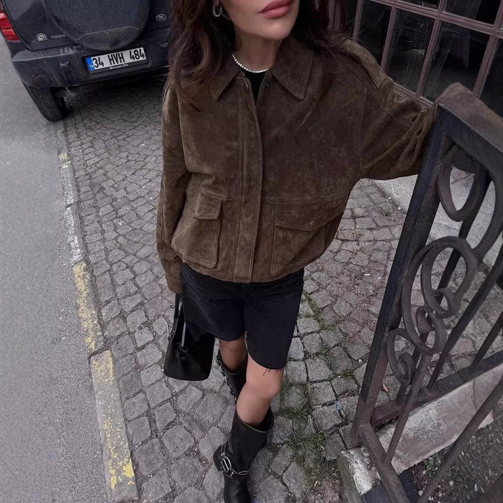 Damen Kunstlederjacke mit praktischen Taschen und elastischem Bund Drune