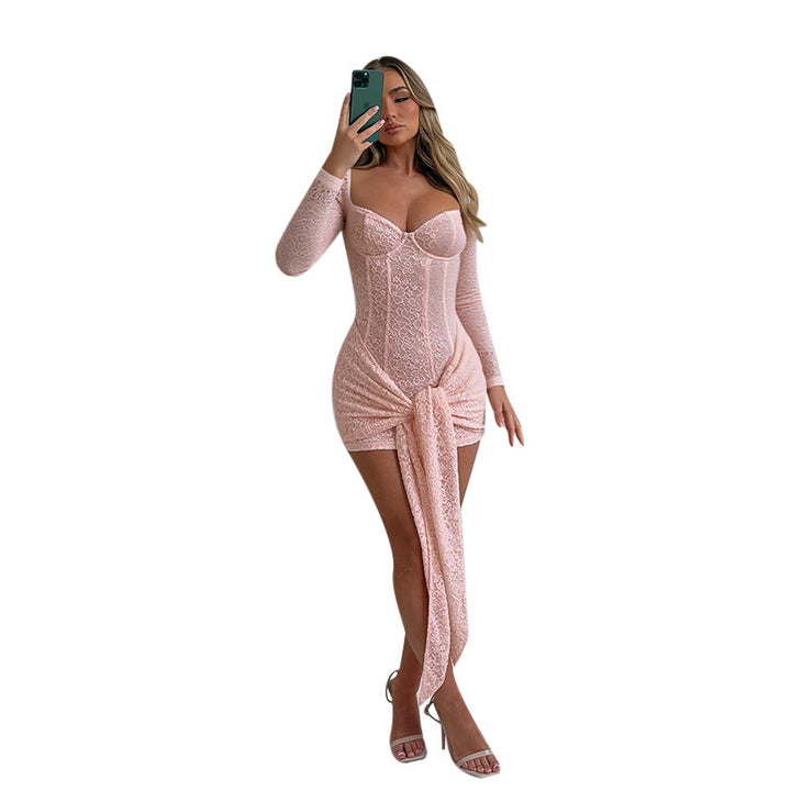 Damen figurbetontes Spitzenkleid mit langen Ärmeln und elegantem Wickeldetail Drune