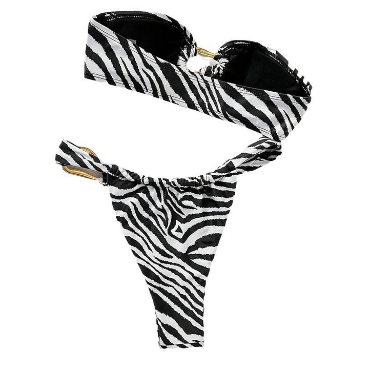 Damen Bandeau-Bikini-Set mit elegantem Streifenmuster und modischem Goldakzent Drune