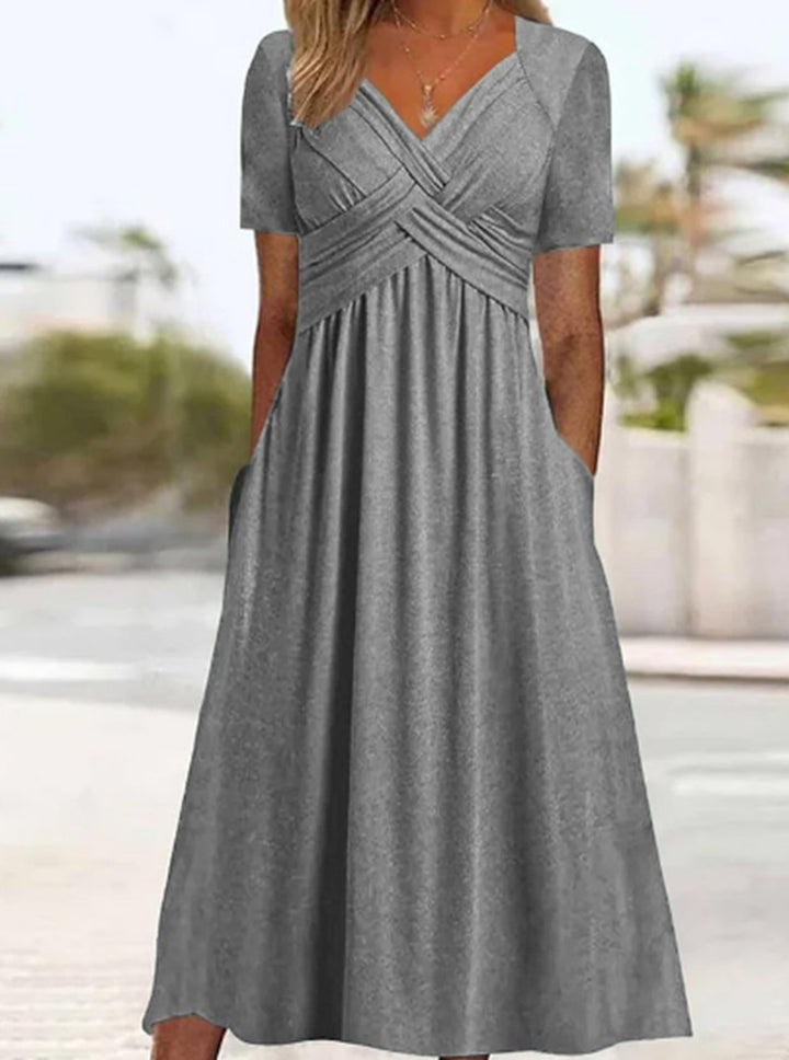 Damen nan luftiges V-Ausschnitt Midikleid mit überkreuzter Brustpartie, kurzen Ärmeln und Eingrifftaschen Drune