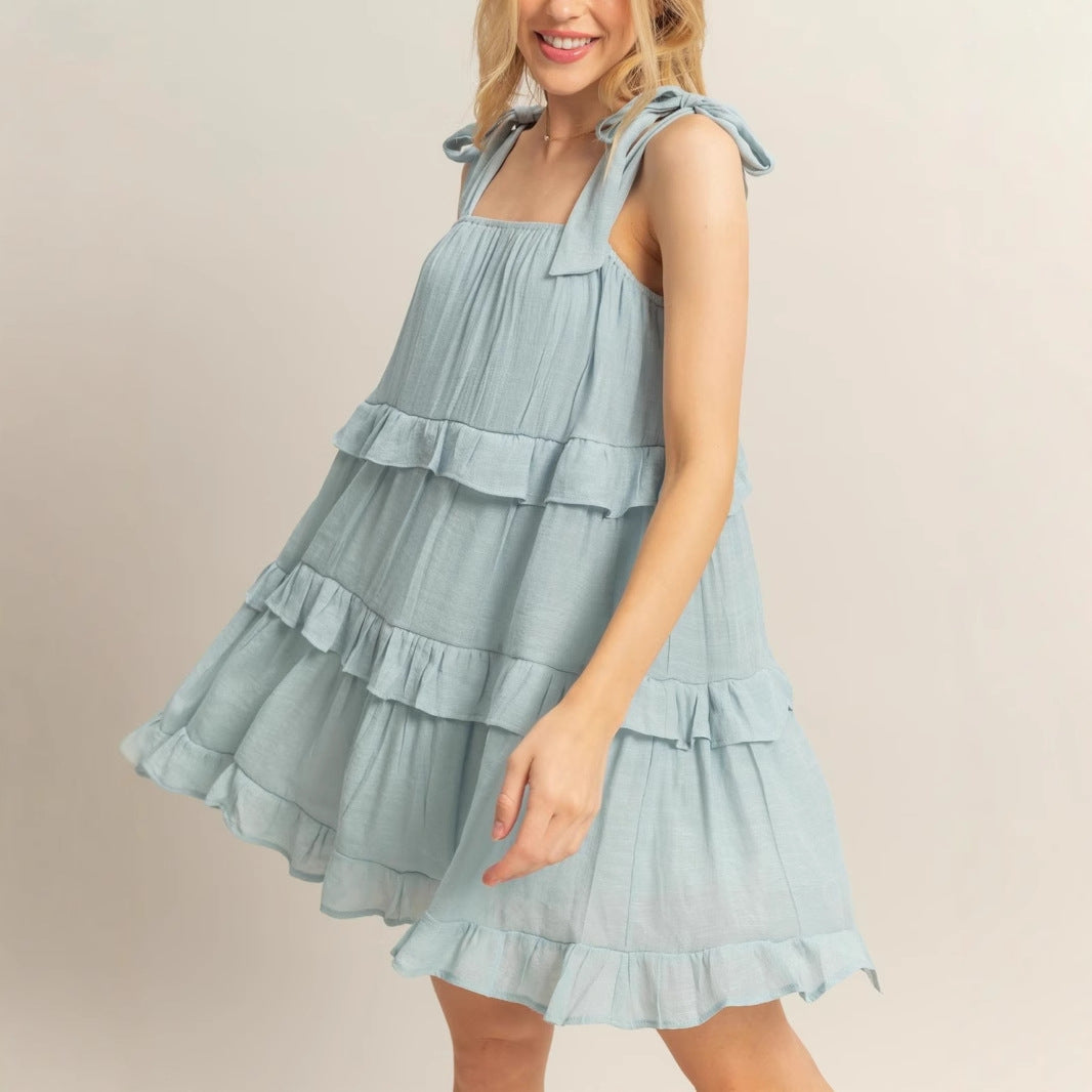 Damen lässiges Sommerkleid mit Rüschendetails und verstellbaren Trägern Drune