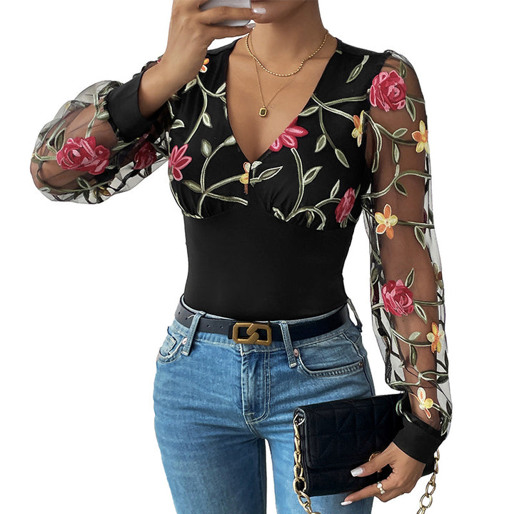 Damen Body mit transparenten, bestickten Puffärmeln und V-Ausschnitt Drune