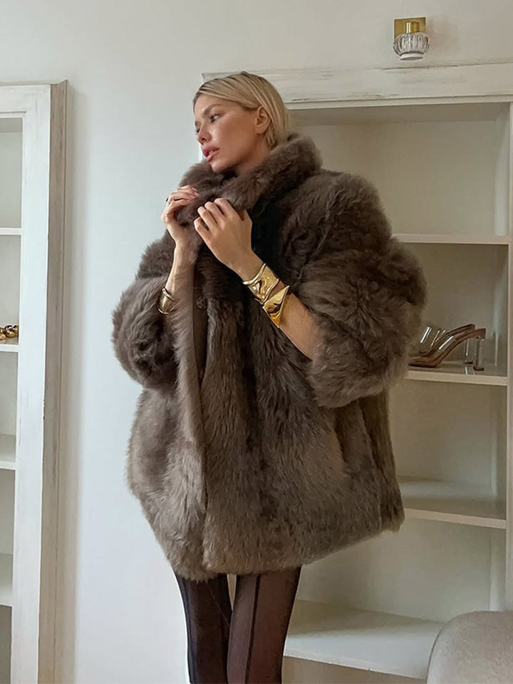 Damen luxuriöse Kunstfelljacke mit voluminösen Ärmeln Drune