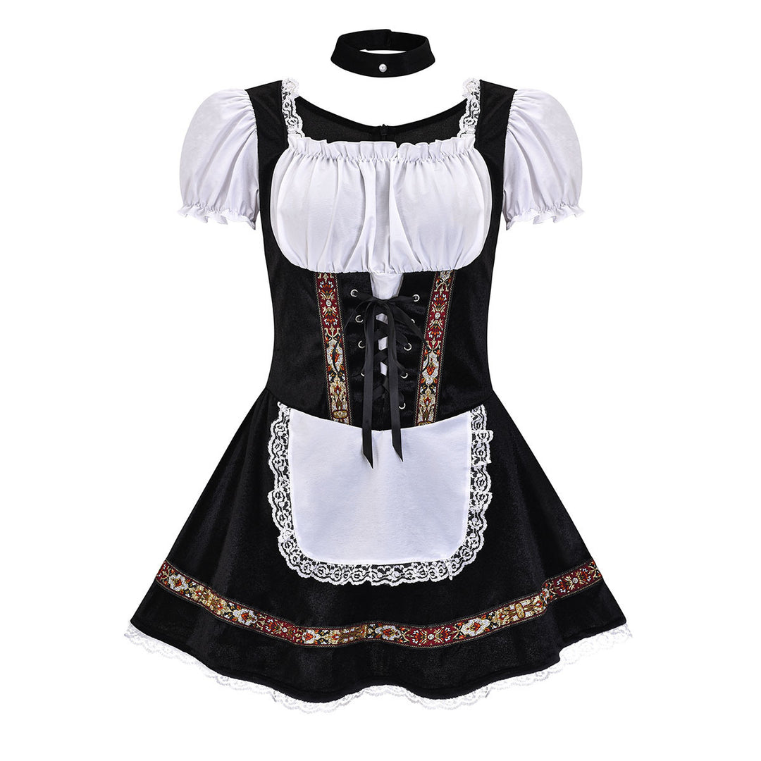 Damen nan kurzes Trachtenkleid mit Carmen-Ausschnitt, geschnürtem Mieder und bestickter Schürze Drune