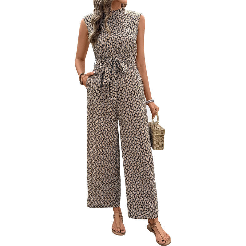 Damen eleganter Jumpsuit mit modernem Bindegürtel und floralem Print Drune