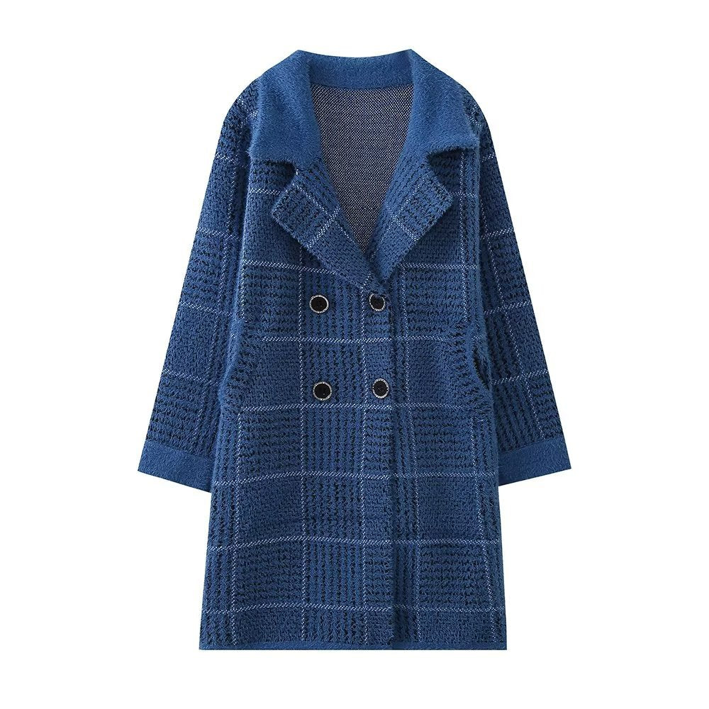Damen modische Übergangsjacke mit strukturiertem Karomuster und eleganter Knopfleiste Drune