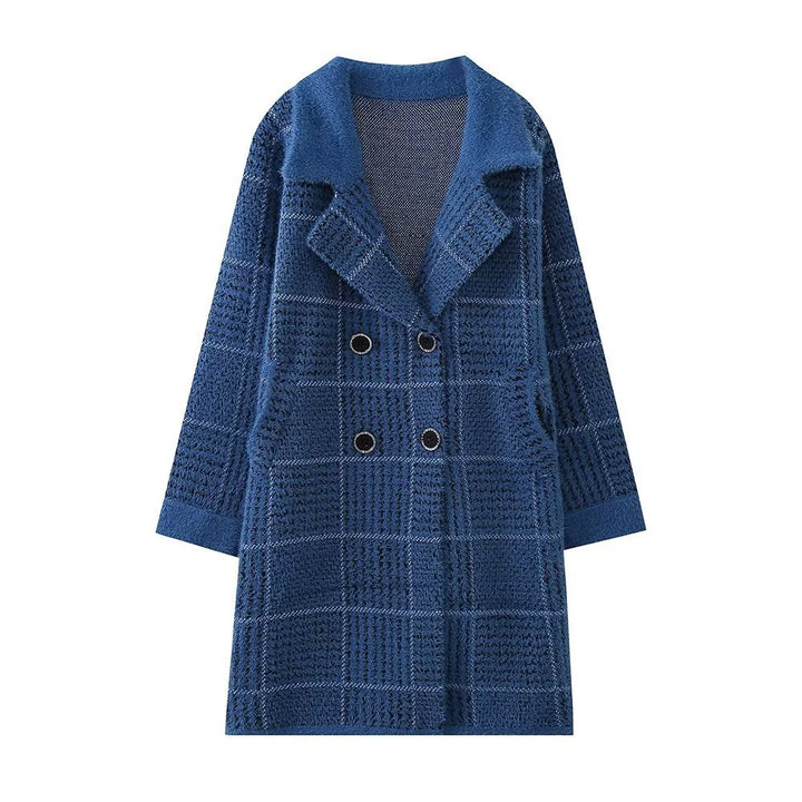 Damen modische Übergangsjacke mit strukturiertem Karomuster und eleganter Knopfleiste Drune