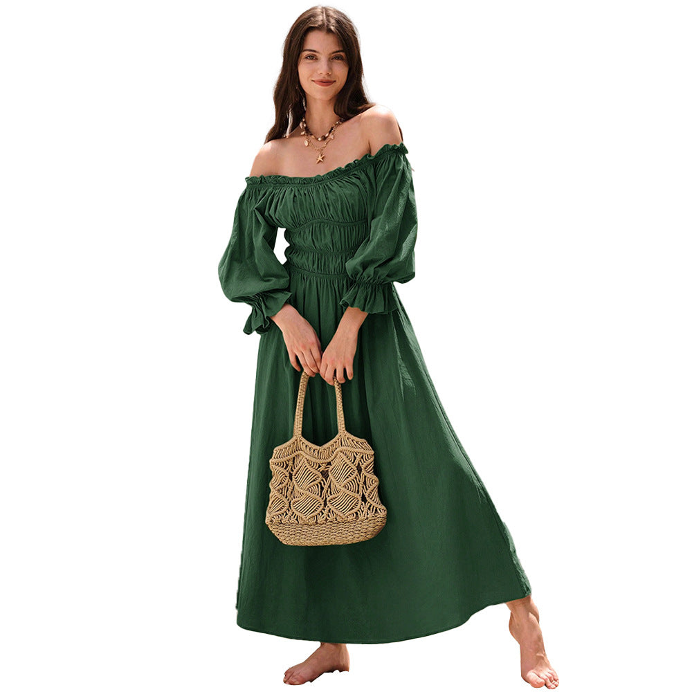 Damen Maxi-Kleid im eleganten Off-Shoulder-Stil mit gerafften Puffärmeln Drune