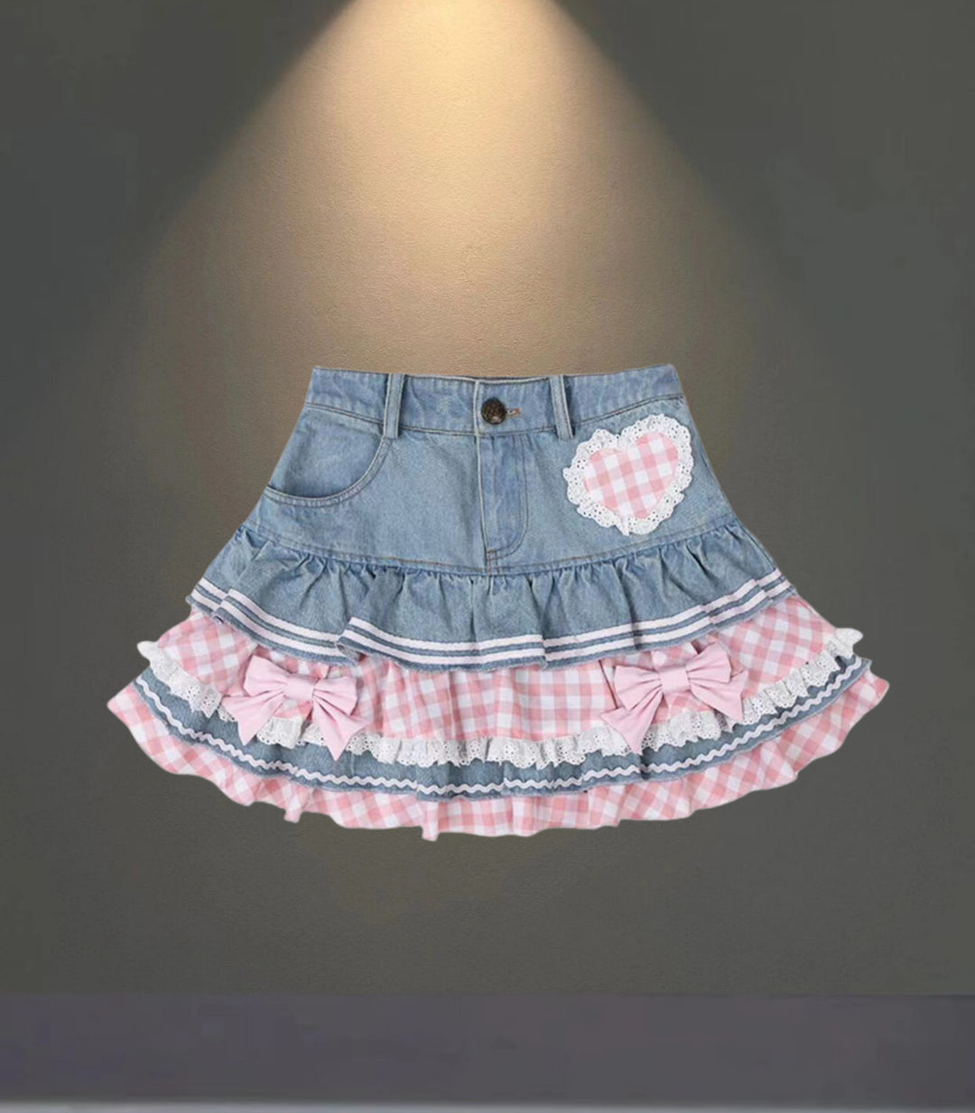Damen Modische Mini-Jeansrock mit Rüschen und herzförmiger Applikation Drune
