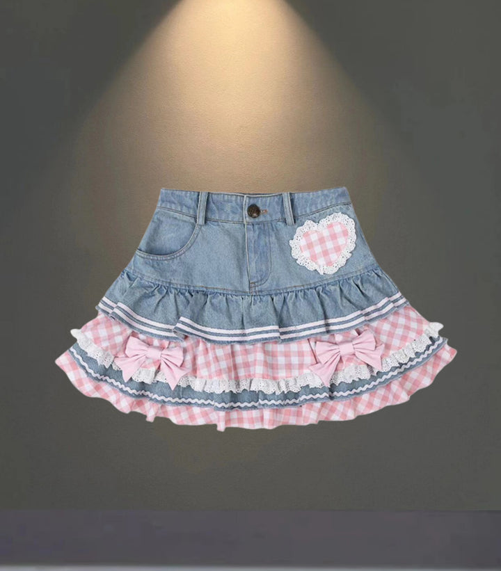 Damen Modische Mini-Jeansrock mit Rüschen und herzförmiger Applikation Drune