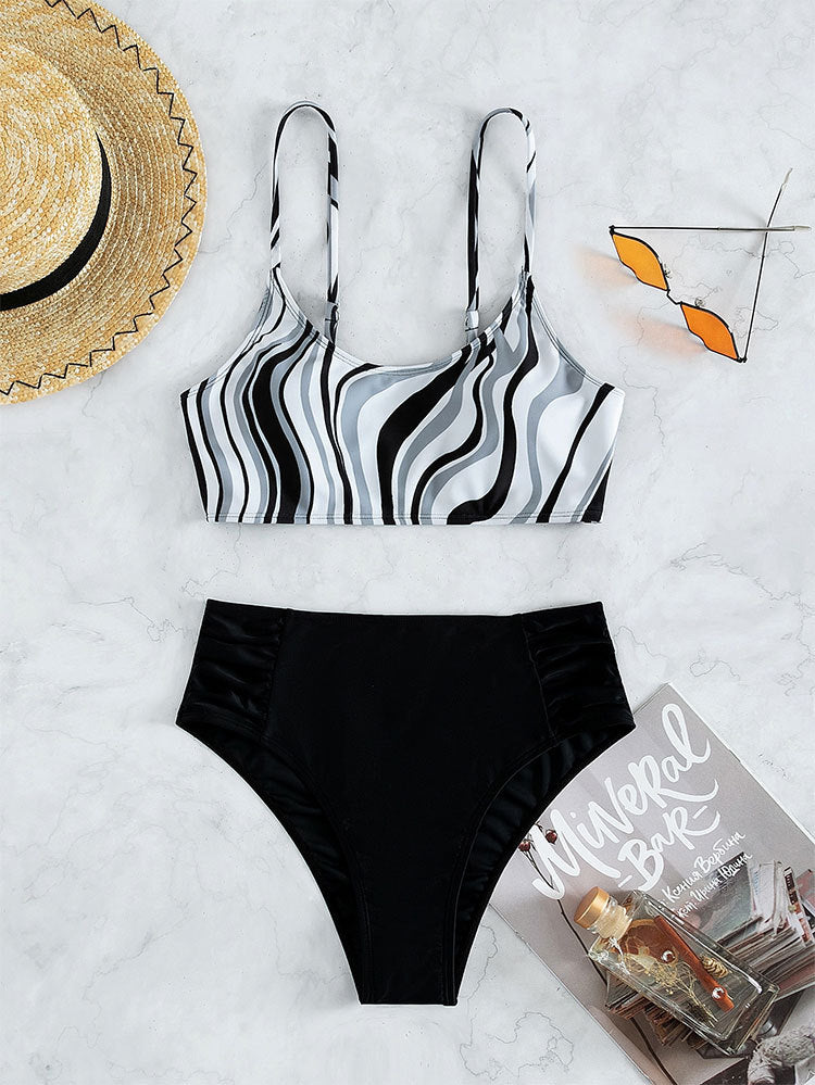 Damen Bikini-Set mit gestreiftem Oberteil und hohem Bund Drune