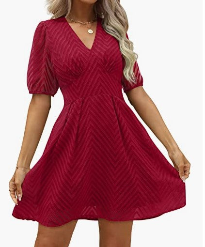 Damen Kleid mit gepufften ¾-Ärmeln und V-Ausschnitt Drune