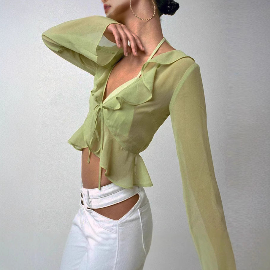 Damen Transparente Langarmbluse mit Rüschen und Bindegürtel Drune